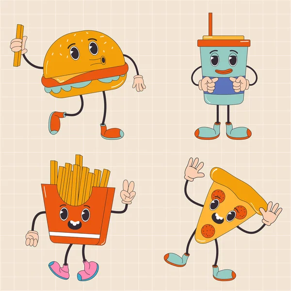 Cartoon Personaggio Retrò Pizza Hamburger Patatine Fritte Bevande Fast Food — Vettoriale Stock