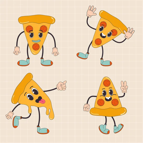 Cartoon Karakter Retro Pizza Voedsel 70S Straat Voedsel Trendy Hippie — Stockvector