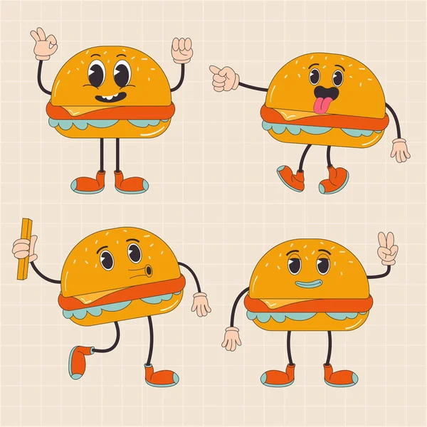 Cartoon Personaggio Retrò Hamburger Fast Food Anni Stile Trendy Groovy — Vettoriale Stock