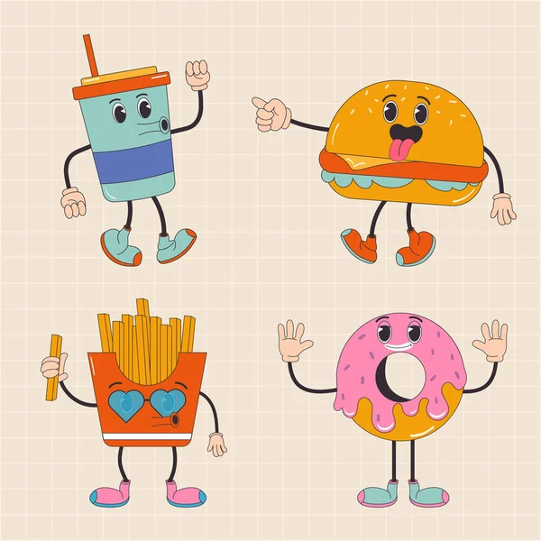 Cartoon Karakter Retro Drinken Hamburger Donut Friet Fast Food 70S — Stockvector