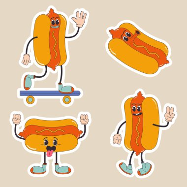 Çizgi film karakteri retro sticker hot dog yemeği 70 'ler. Moda modası geçmiş hippi tarzında. 