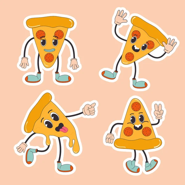 Desenhos Animados Personagem Retro Adesivo Pizza Comida Moda Estilo Retro — Vetor de Stock