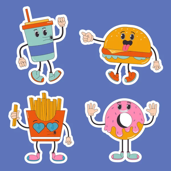 Cartoon Χαρακτήρα Ρετρό Αυτοκόλλητο Ποτό Burger Ντόνατ Τηγανητές Πατάτες Fast — Διανυσματικό Αρχείο