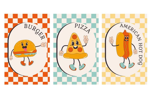 Αφίσα Γρήγορου Φαγητού Μοντέρνο Groovy Στυλ Αστείο Διανυσματικό Χαρακτήρα Τροφίμων — Διανυσματικό Αρχείο