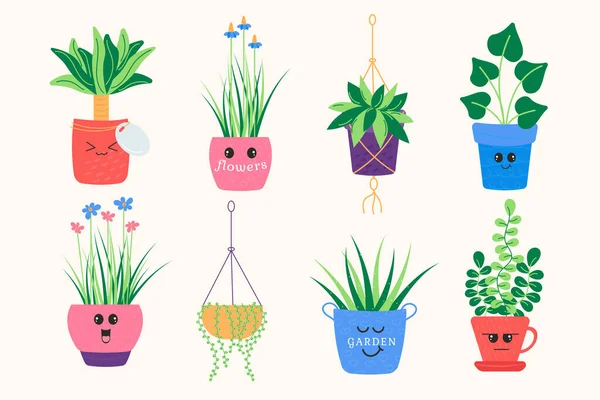 stock vector Funny kawaii of different plants. Cartoon plants