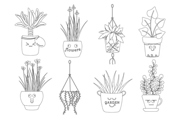 Pegatinas Divertidas Diferentes Plantas Blanco Negro Plantas Dibujos Animados — Vector de stock