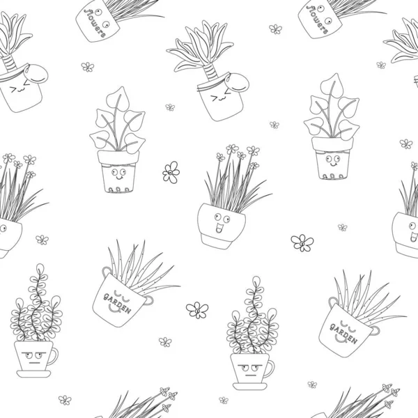 Seamless Pattern Cheerful Kawaii Black White House Plants — Stock Vector