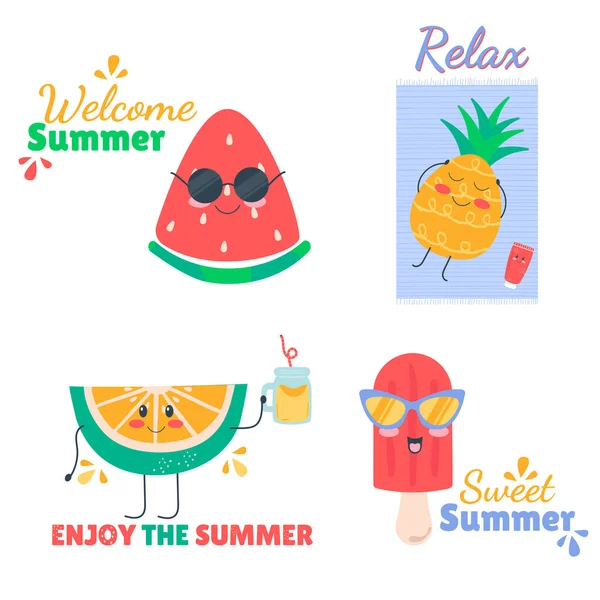 Cartoon Sommer Niedliches Doodle Kawaii Eis Wassermelone Ananas Limette — Stockvektor