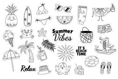 Yaz çizgi filmi Kawaii ana hatları aksesuar elementler sevimli düz karalama tarzı ayarlar 