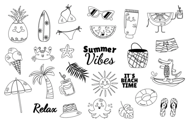 Stock vector Summer cartoon kawaii outline accessory elements set cute flat doodle style 