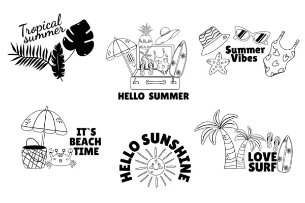 Sommer Outline Set Von Doodle Badge Etikettendesign Mit Schriftzug — Stockvektor