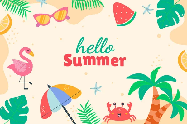 Flat Hello Summer Background Doodle Style — Stock Vector
