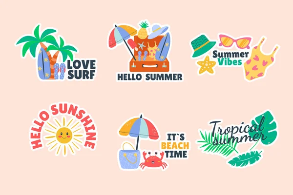 Stock vector Summer set of doodle badge label design with lettering