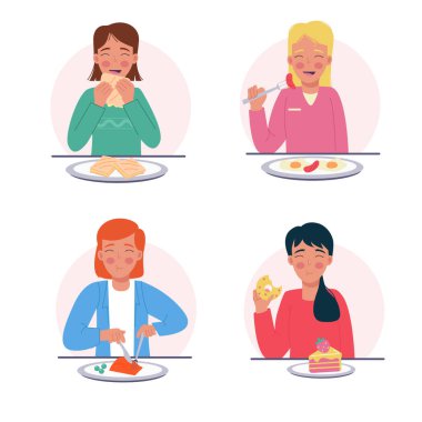 Düz bir tarzda farklı yemekler yiyen bir grup kadın.