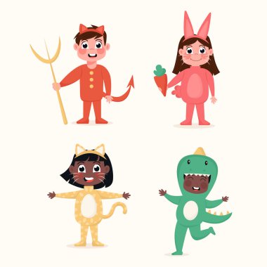Dinozor, tavşan, kaplan ve şeytan kostümlü mutlu uluslararası çocuklar.