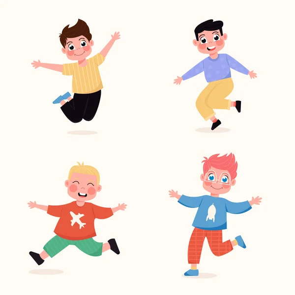 Набор Счастливых Детей Мальчики Стоят Разных Позах Прыгая Плоском Стиле — стоковый вектор