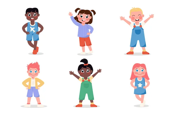 Набор Счастливых Международных Детей Девочки Мальчики Стоящие Разных Позах Плоский — стоковый вектор