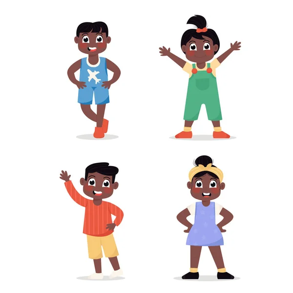 幸せなアフリカ系アメリカ人の子供たちの女の子と男の子のセットフラットスタイルで異なるポーズに立って — ストックベクタ