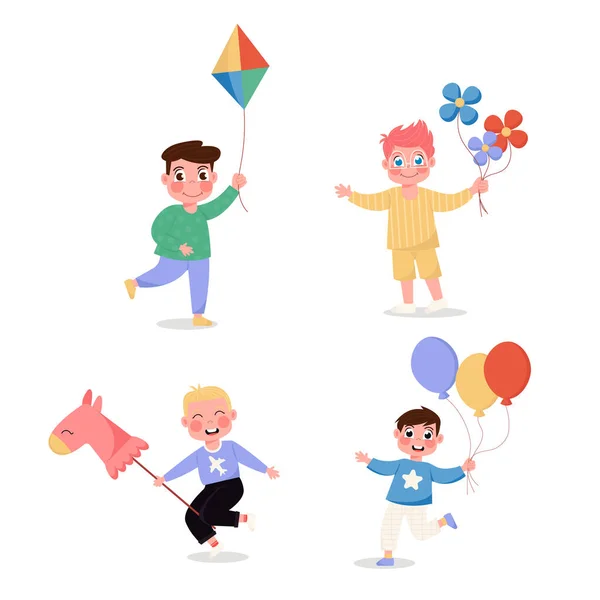 Garçons Heureux Enfants Fixés Avec Des Ballons Cheval Fleurs Cerf — Image vectorielle