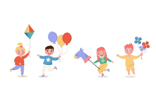 Набор Счастливых Детей Девочки Мальчики Воздушными Шарами Лошадь Цветы Воздушный — стоковый вектор