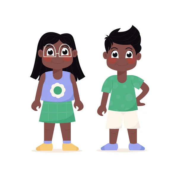 快乐的非裔美国儿童 女孩和男孩站在平坦的风格 — 图库矢量图片