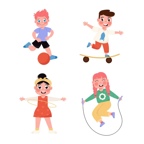 サッカーをしたり ロープをジャンプしたり スケートボードをしたり 平らなスタイルで円を描く幸せな子供たち — ストックベクタ