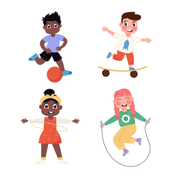 Glückliche Internationale Kinder Die Fußball Spielen Seil Springen Skateboard Fahren — Stockvektor