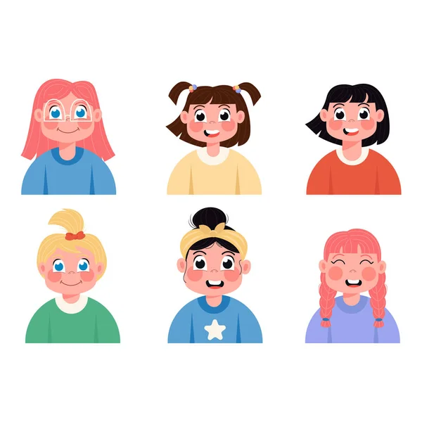 Детские Аватары Счастливых Девушек Плоском Стиле — стоковый вектор
