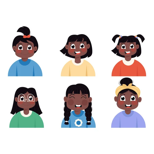 Дети Аватары Счастливых Афроамериканских Девушек Плоском Стиле — стоковый вектор