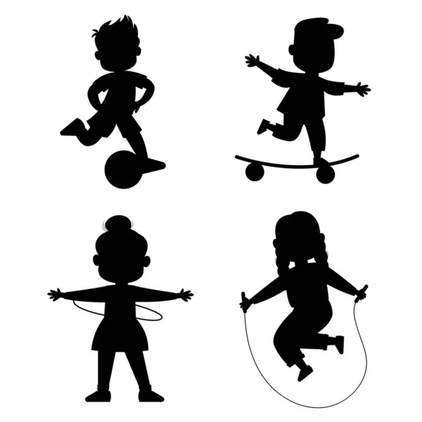 Silhouette Kinder Spielen Fußball Seilspringen Skateboarden Spinnen Kreis — Stockvektor