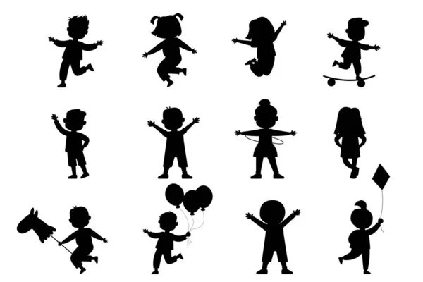 Silhouette Bambini Ragazze Ragazzi Piedi Saltando — Vettoriale Stock