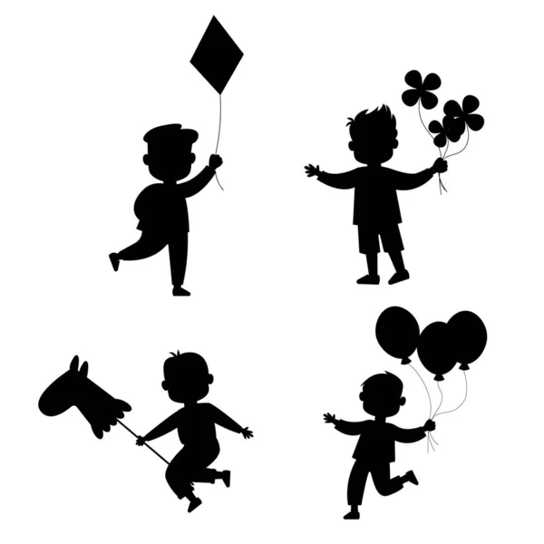 Jungen Silhouette Kinder Set Mit Ballons Pferd Blumen Und Drachen — Stockvektor