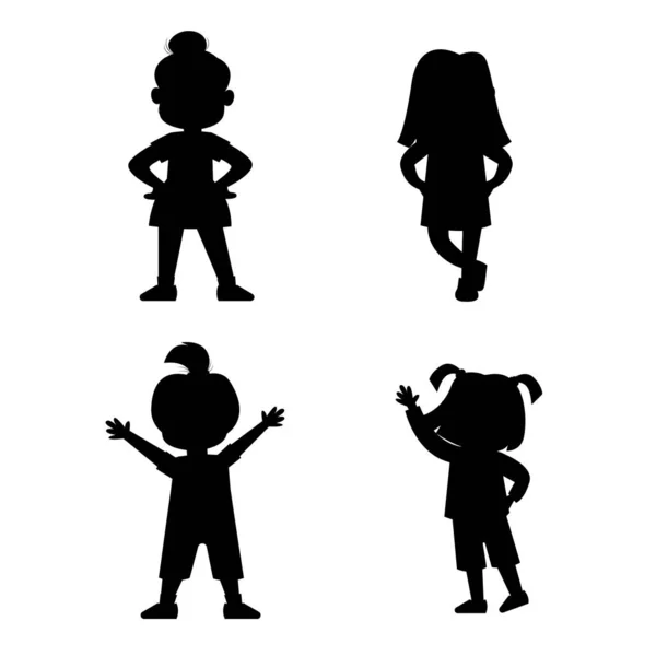 Set Silhouette Children Girls Standing Different Poses — Stock Vector