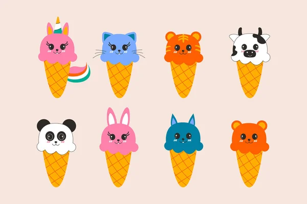 Sada Ručně Kreslené Zmrzliny Kawaii Zvířecí Tvar Plochý Design — Stockový vektor