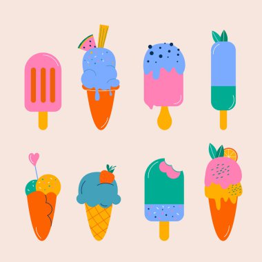 Elle çizilmiş farklı dondurmalar. Düz, elle çizilmiş tasarım