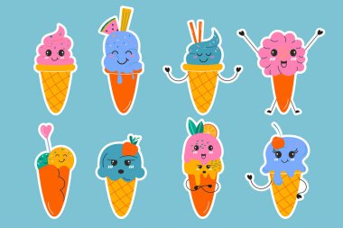 El yapımı kawaii dondurma külahı çıkartmaları koyun. El çizimi düz tasarım
