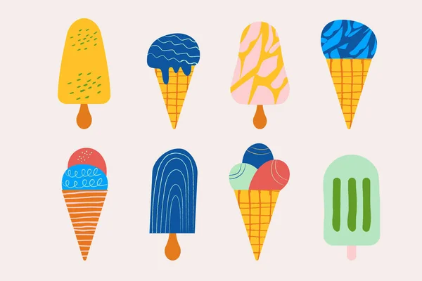 Elle Çizilmiş Farklı Dondurmalar Düz Tasarım — Stok Vektör