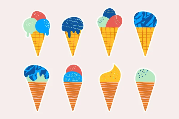 Set Hand Drawn Stickers Ice Cream Cones Hand Drawn Flat — Stock Vector