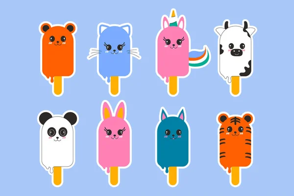 Set Hand Drawn Stickers Ice Cream Kawaii Form Animals Stick — Stock Vector