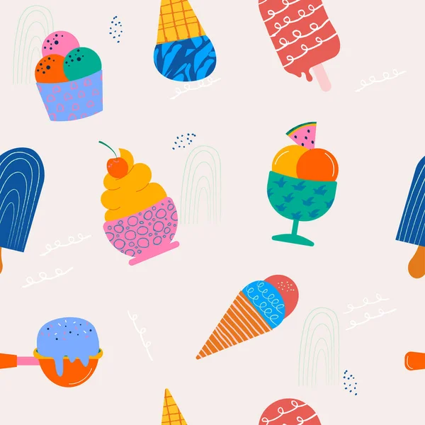 Seamless Pattern Different Ice Cream Hand Drawn Flat Design — Stock Vector