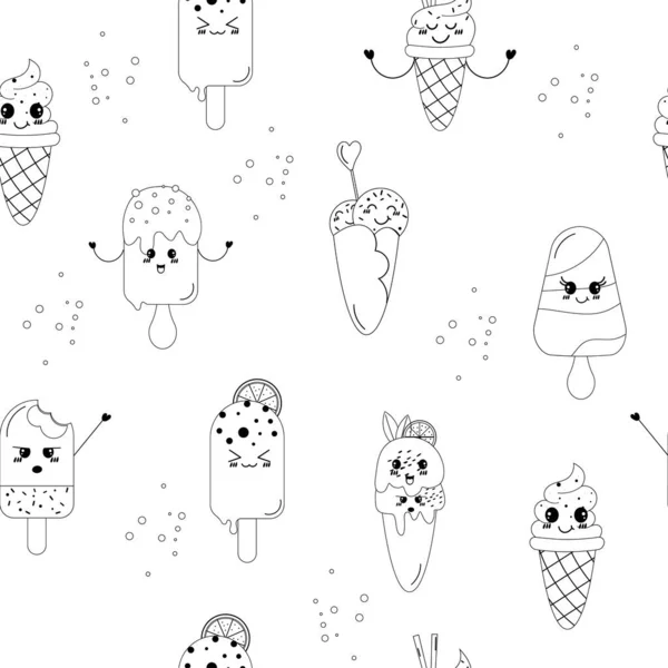 stock vector Seamless outline kawaii ice cream pattern drawn