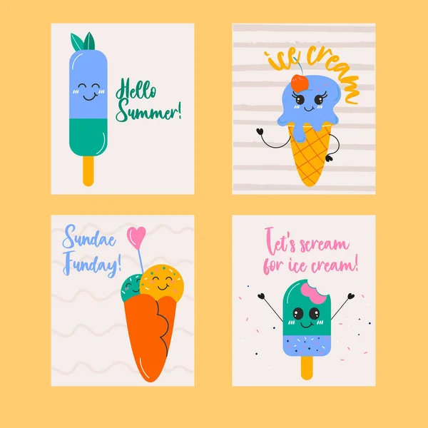Kawaii Ice Cream Hand Drawn Summer Card Collection Template — Stock Vector