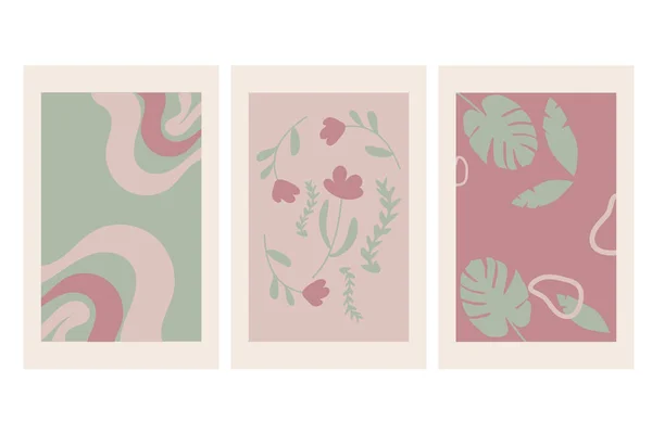 パステルカラーのトレンディーなピンクと緑の手描きポスターセット — ストックベクタ
