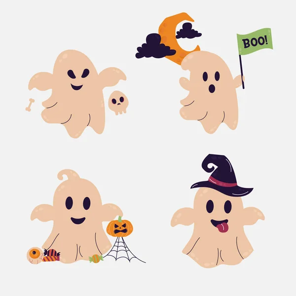Personaje Fantasma Halloween Fantasma Diferentes Poses — Vector de stock