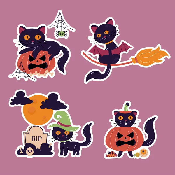 Personagem Adesivos Desenhados Mão Halloween Cat Gato Poses Diferentes — Vetor de Stock