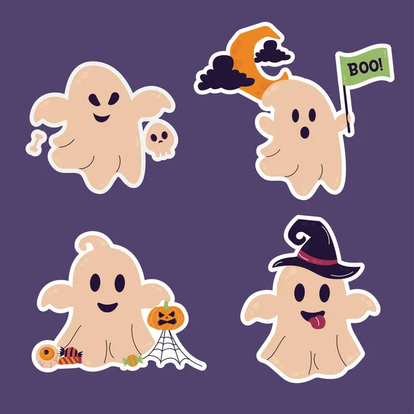 Halloween Adesivos Personagem Fantasma Fantasma Poses Diferentes — Vetor de Stock