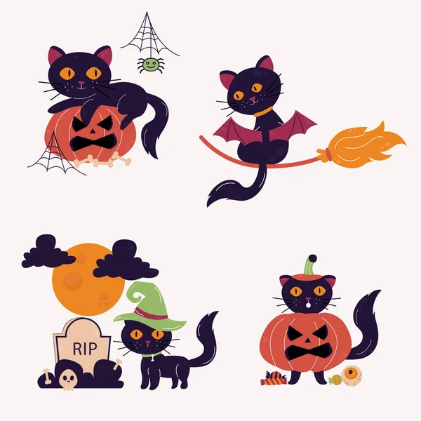 Personaje Dibujado Mano Gato Halloween Gato Diferentes Poses — Vector de stock