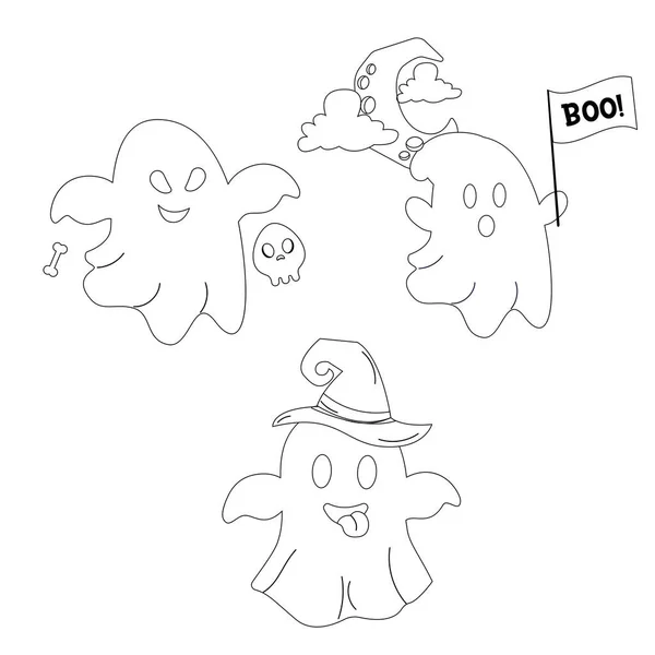 Halloween Delinear Personaje Fantasma Fantasma Diferentes Poses — Vector de stock