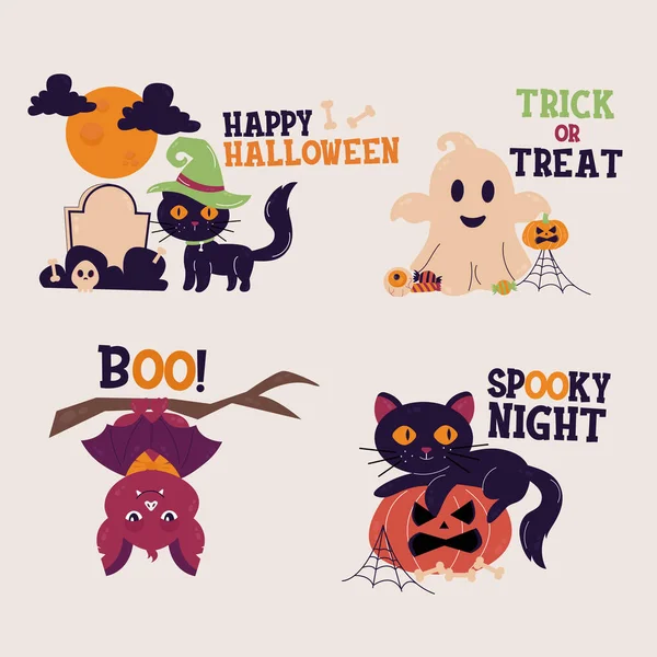 Halloween Set Mit Schriftzug Katze Geist Fledermaus — Stockvektor