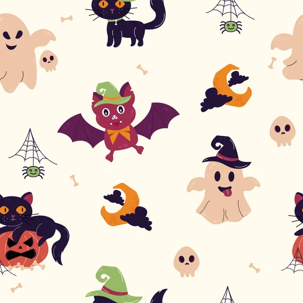 Patrón Sin Costuras Personajes Halloween Gato Fantasma Murciélago — Archivo Imágenes Vectoriales